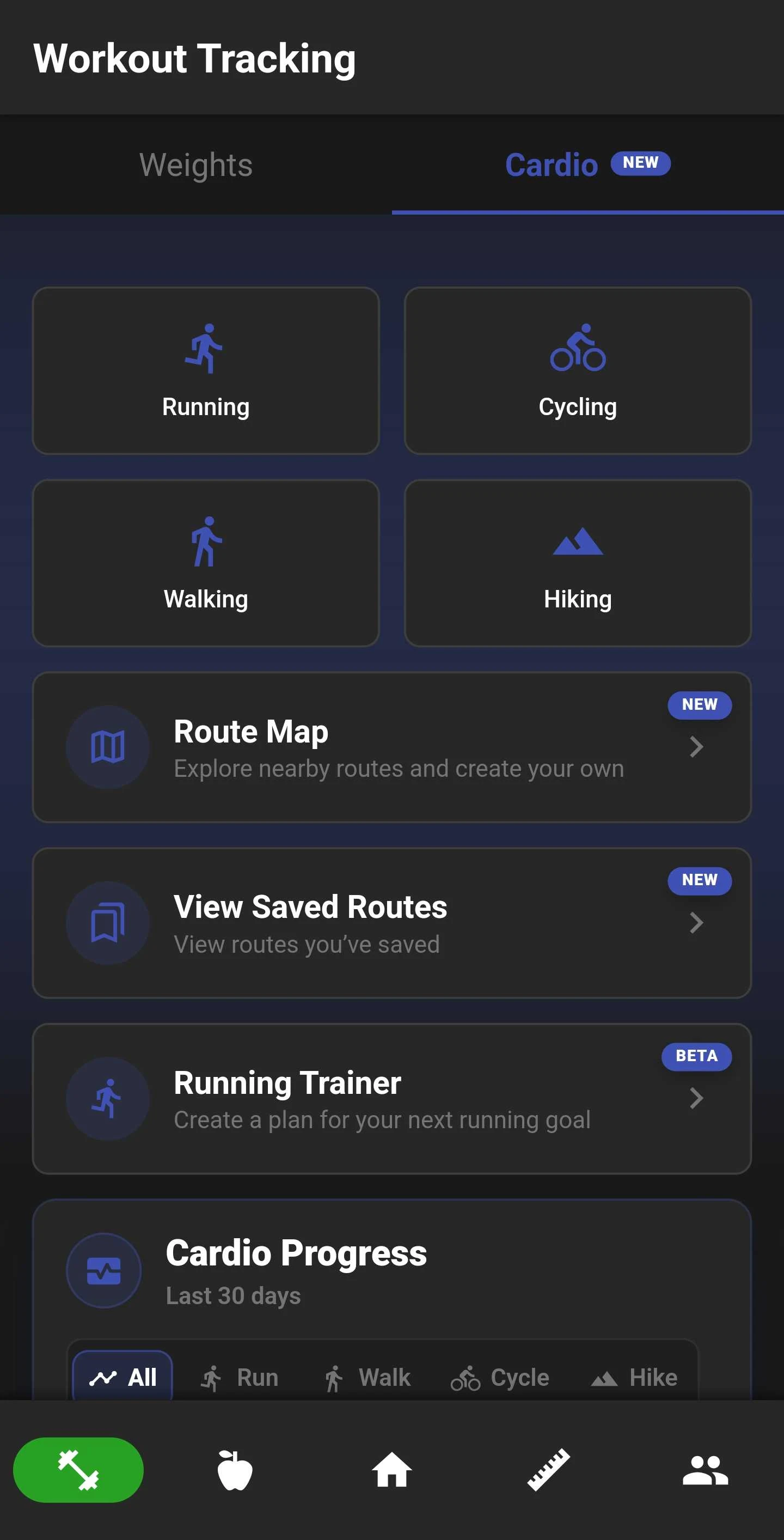 Cardio page with activity tracking and Route Map