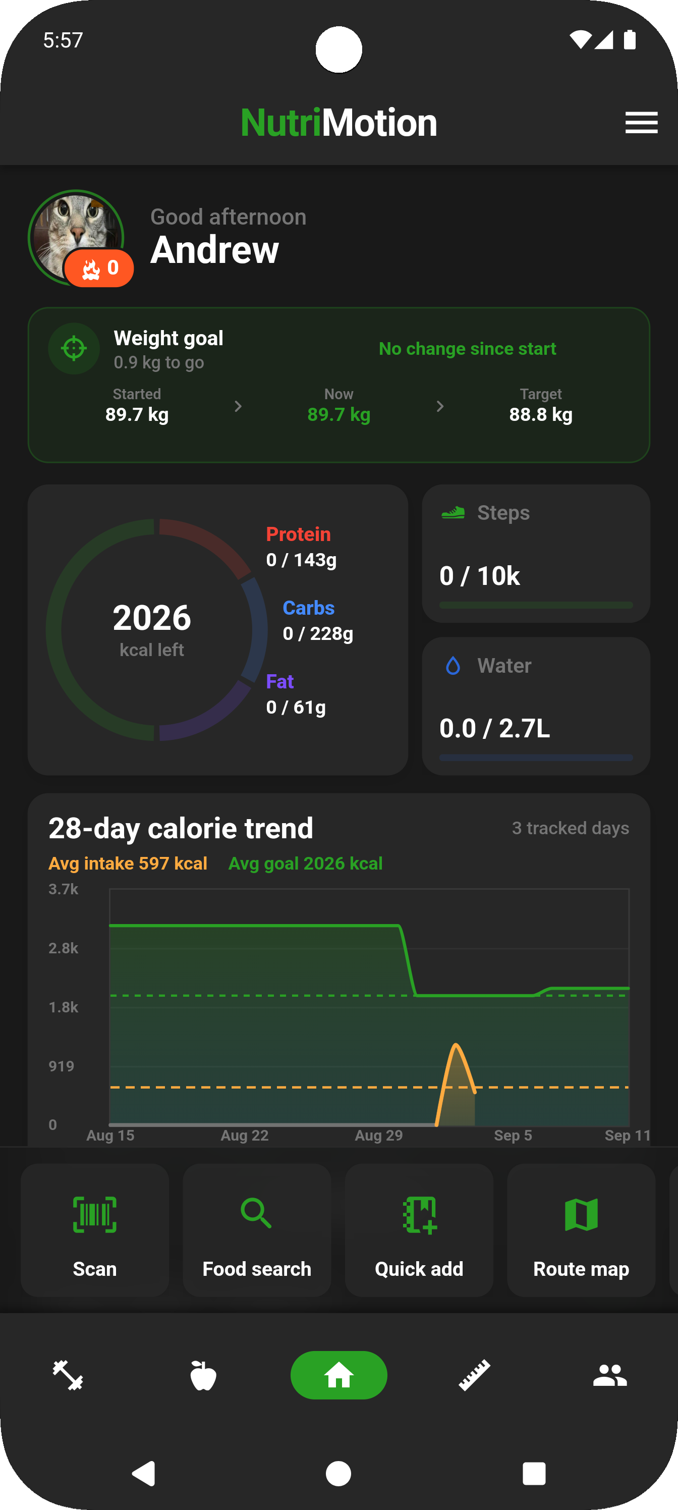 NutriMotion home dashboard showing calorie trends and fitness tiles