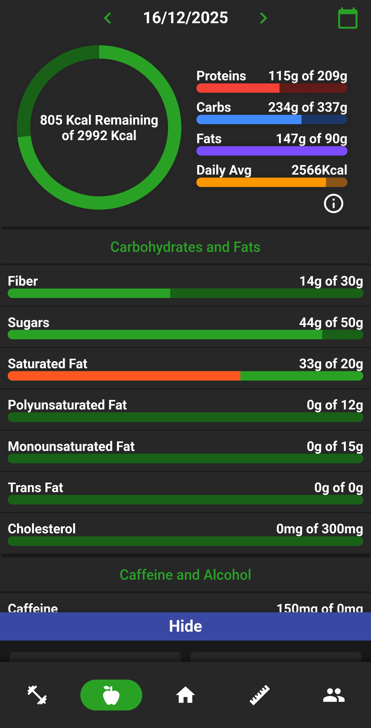 Detailed nutrition dropdown with macro and micronutrient values