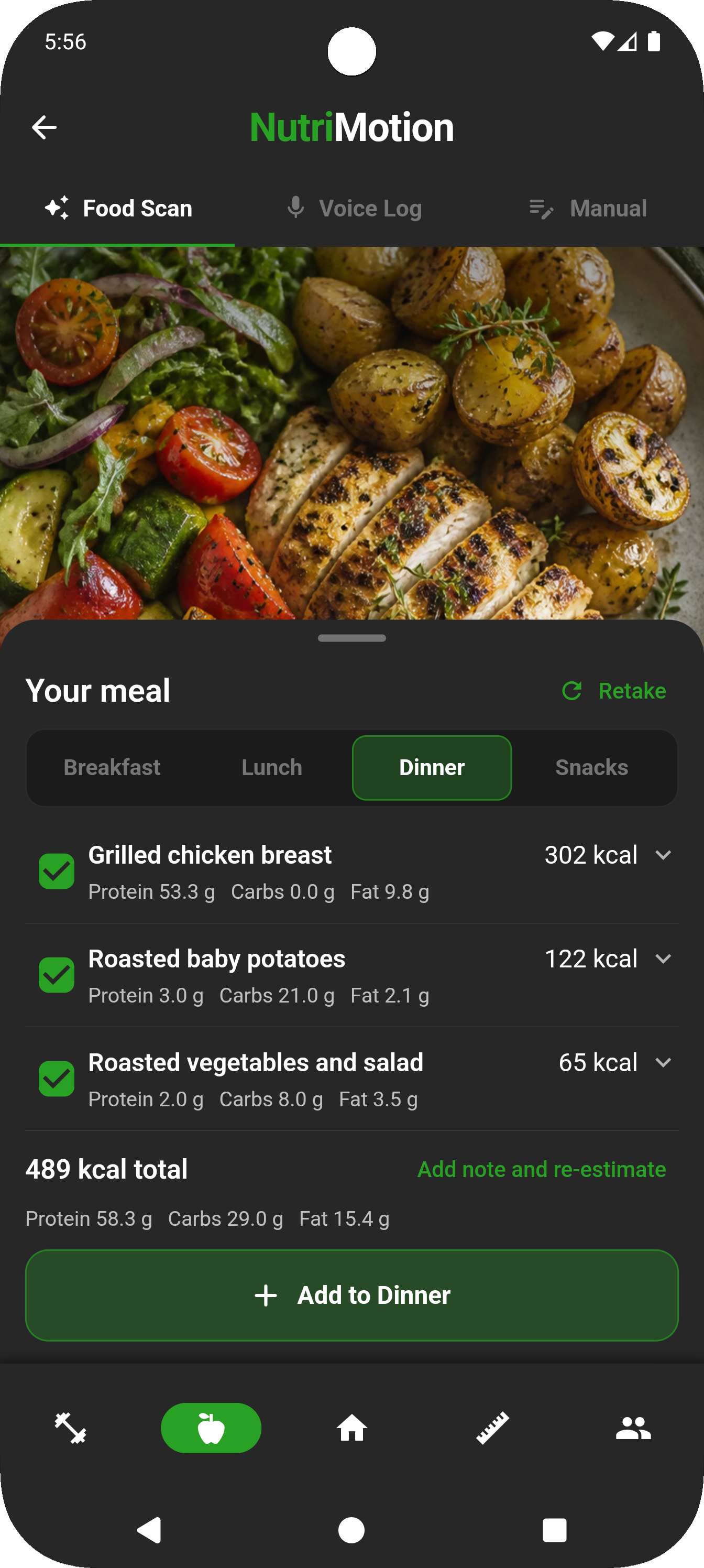 Food scan showing recognised meal items and nutrition