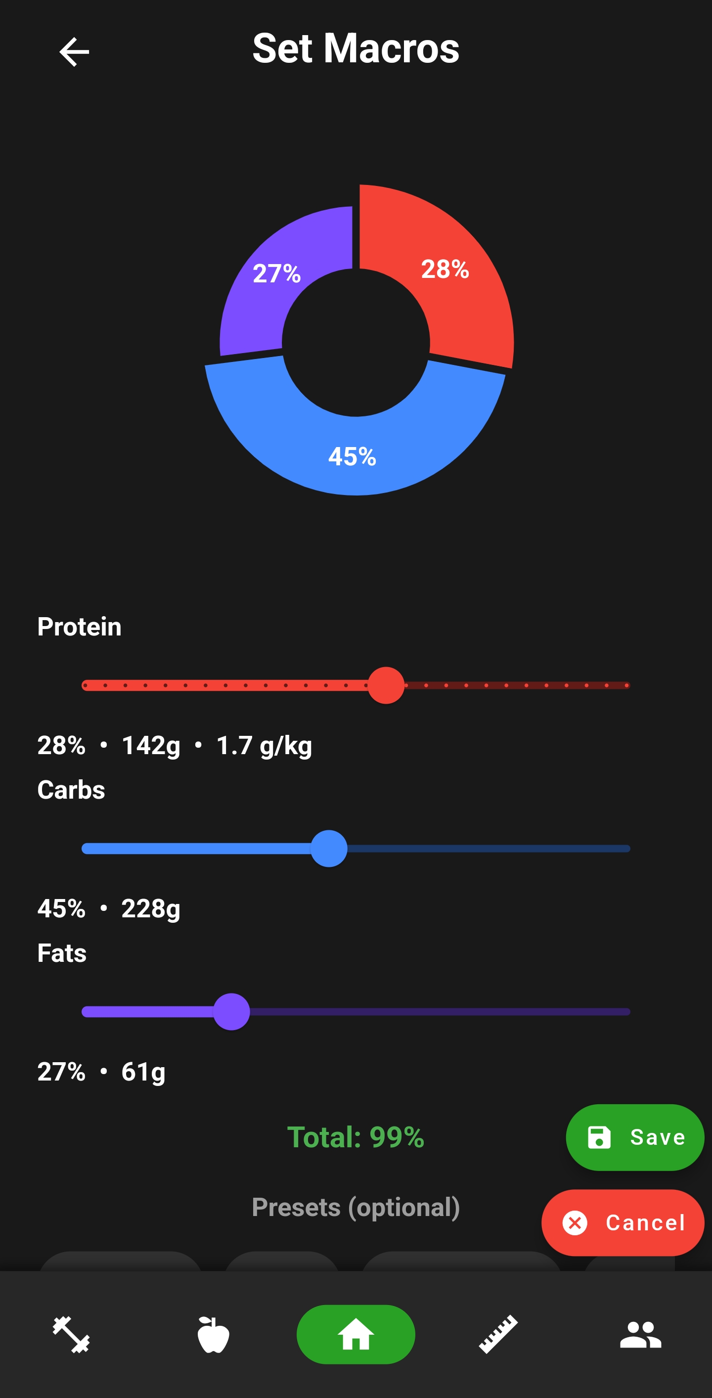 Macro target sliders for protein, carbs and fat