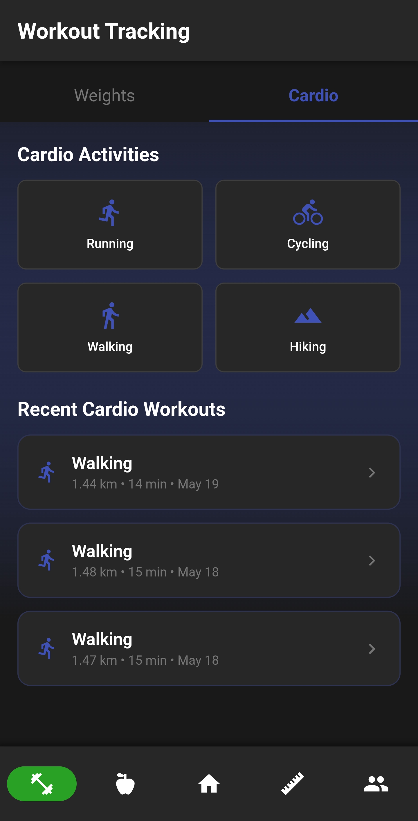 Cardio activity history list