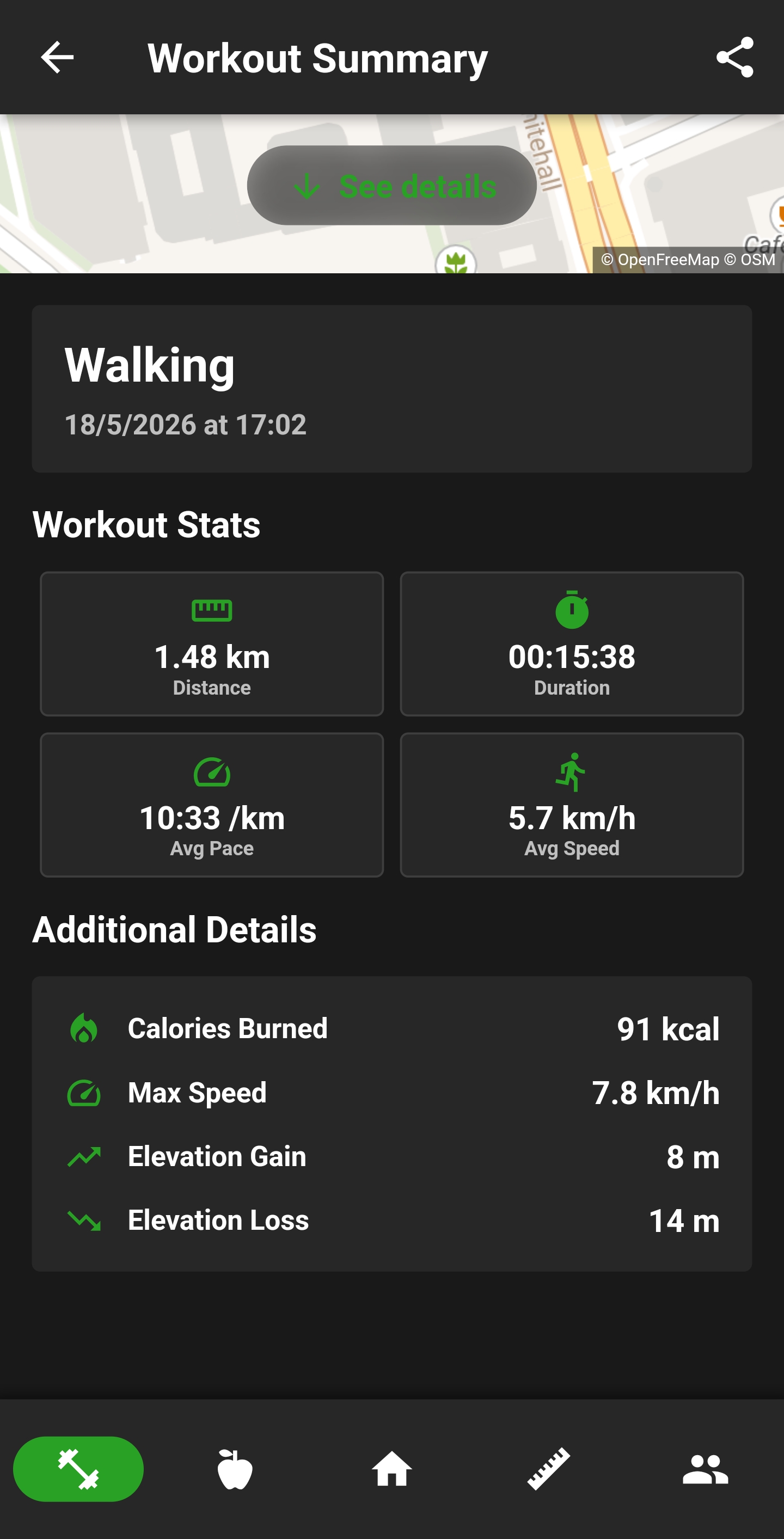 Walking workout route summary with map and stats