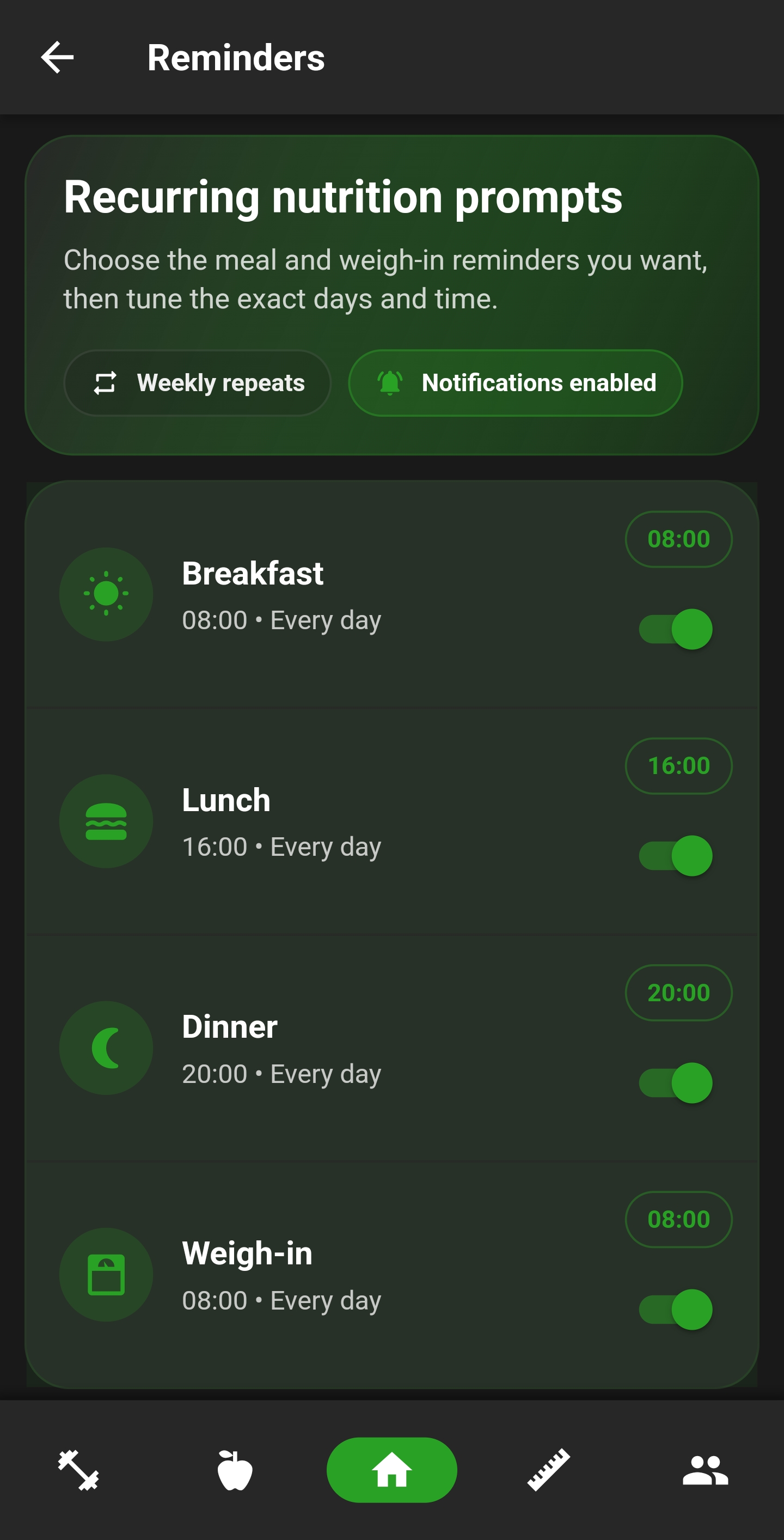 Recurring nutrition reminders settings
