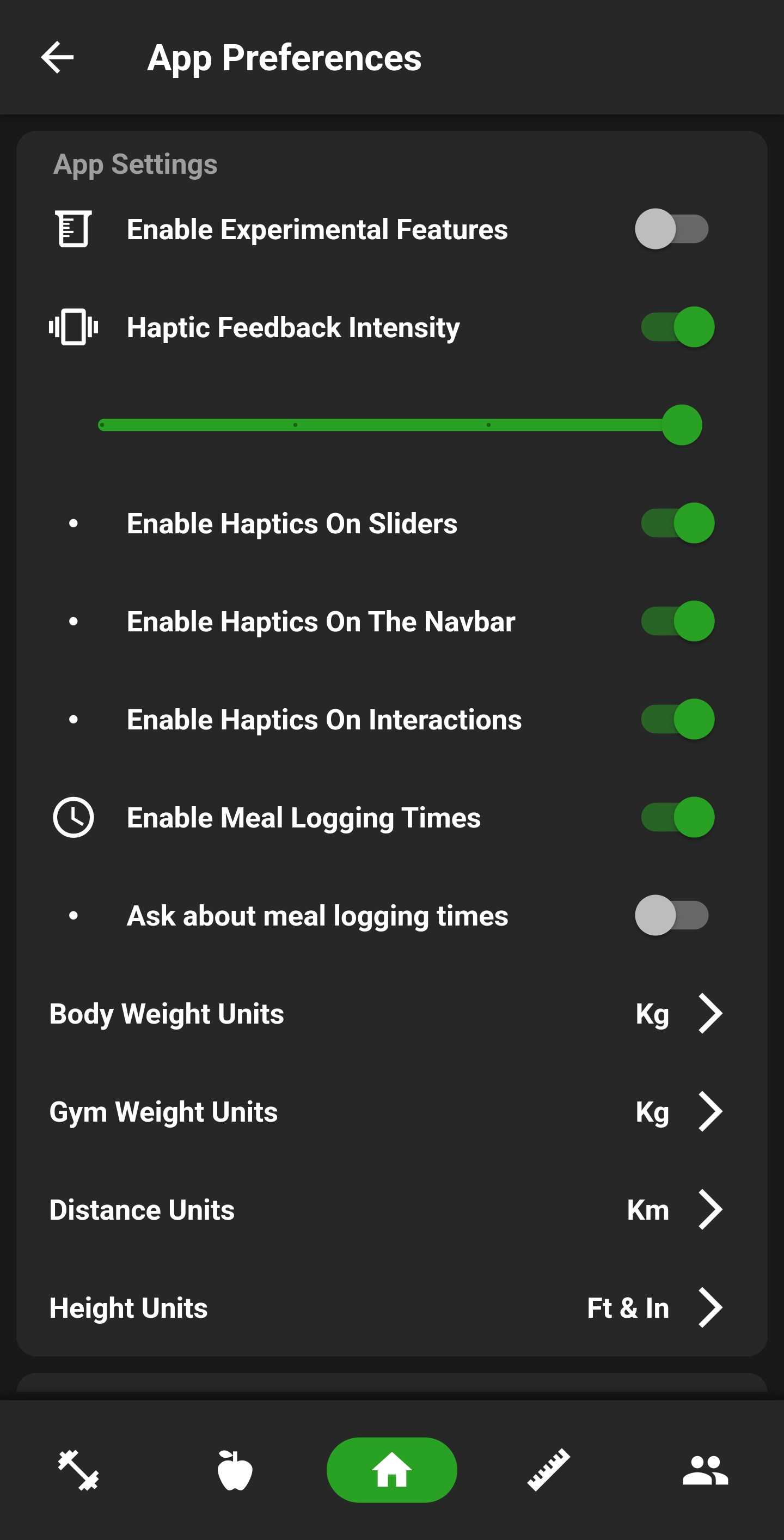App preferences screen with units, colour scheme and feature settings