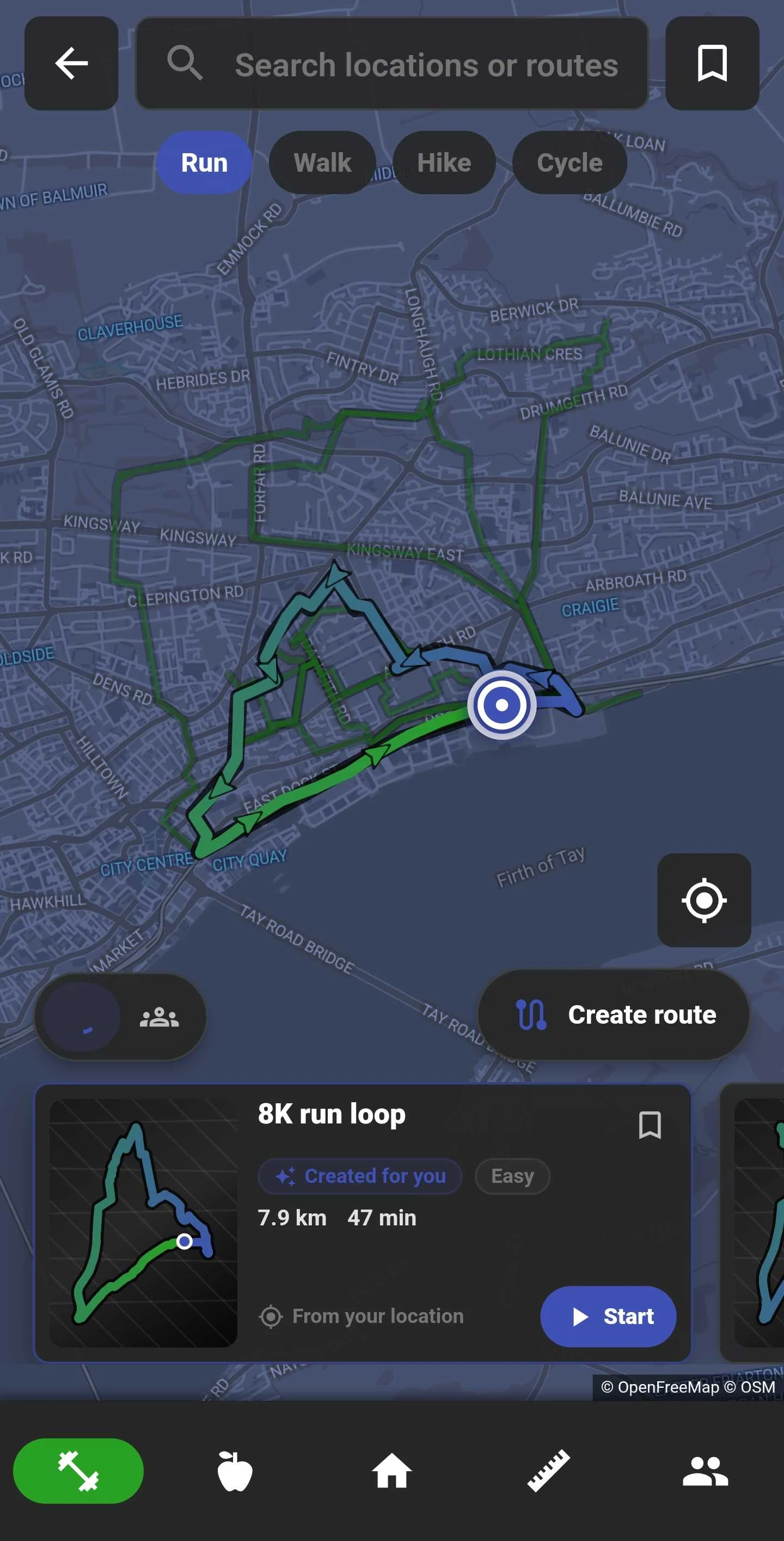 Route map showing generated running routes and route creation