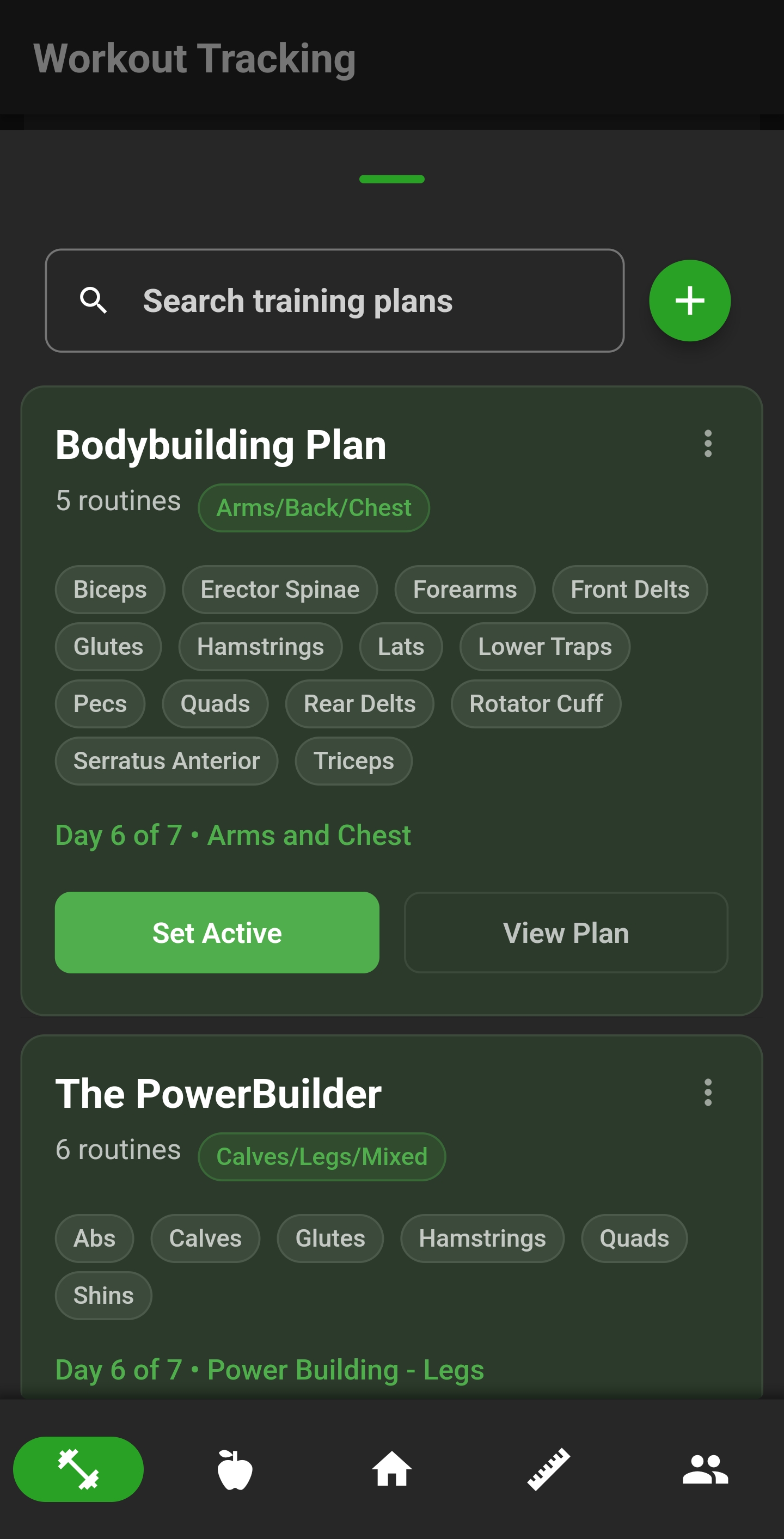 Training plan list and search screen
