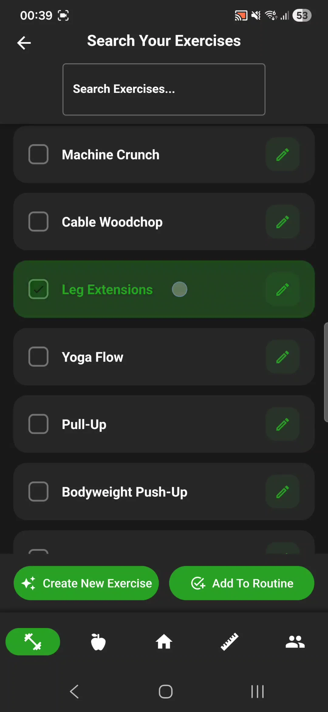 Workout routine with multiple exercises selected